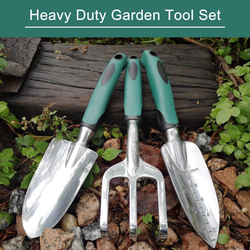 BOHK Small Garden Tool Set 3 Pieces Heavy Duty Aluminum Alloy Horticulture Gardening Tools Rake Shovels with Non-Slip TPR Plastic Handle for Digging and Raking(Teal)