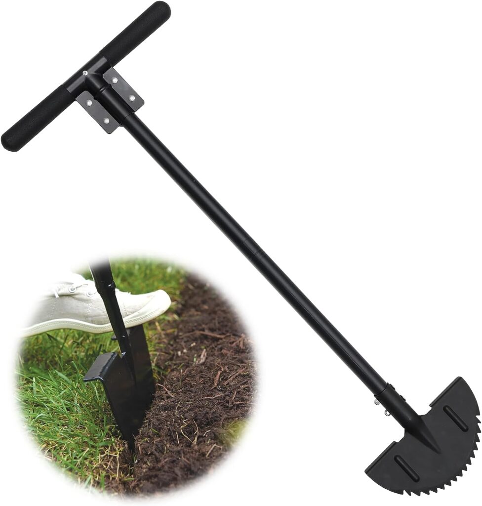 Edger Lawn Tool, Manual Edging Tool with Sharp Round Saw Tooth Blade and Step, Half Moon Edger Landscaping Tools for Borders, Sidewalk, Turf, Full Steel Stand Up Garden Edging Tool with Foam T Grip