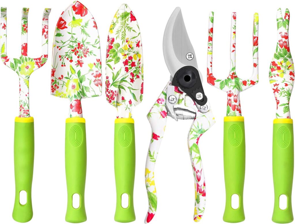 Garden Tool Set, 6 PCS Heavy Duty Aluminum Gardening Hand Tools Kit, Floral Print Gardening Tool Set, Gardening Gifts for Women with Pruning Shears Weeder Hand Rake Shovel Transplanter Cultivator