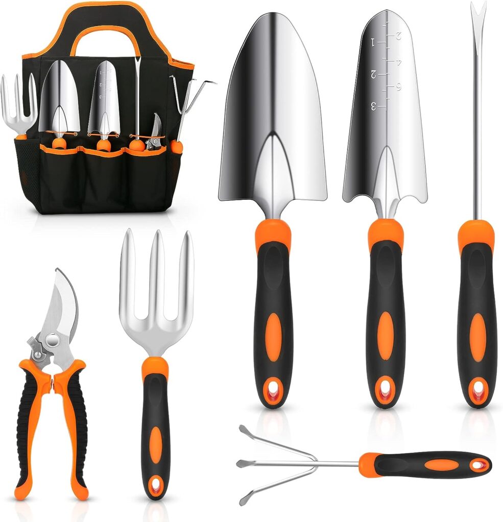 Garden Tool Set, CHRYZTAL Stainless Steel Heavy Duty Gardening Tool Set, with Non-Slip Rubber Grip, Storage Tote Bag, Outdoor Hand Tools, Ideal Garden Tool Kit Gifts for Women and Men