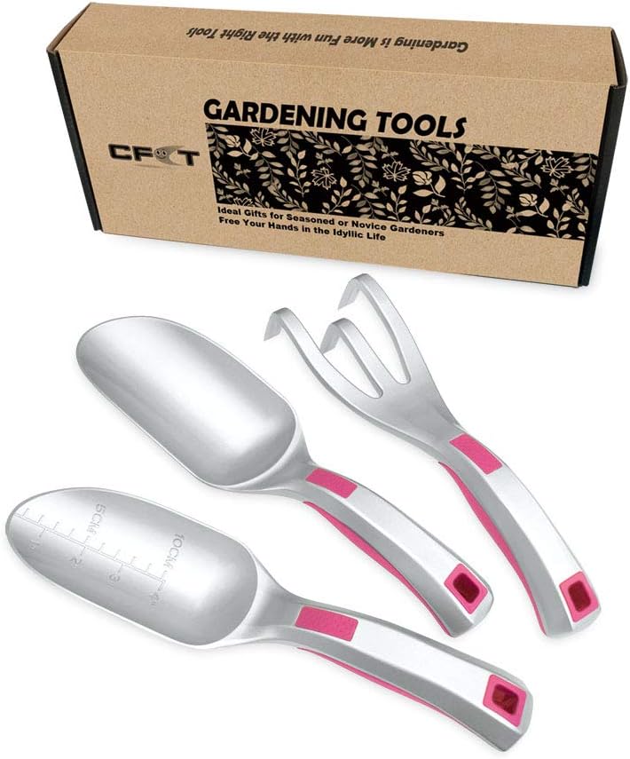Gardening Tool Set Light Weight, 3PC Bend Proof Gardening Kits, Hand Shovel One-Piece Aluminum, Gardening Gifts for Women, Hand Scoop, Small Trowel, Garden Rake, Pink