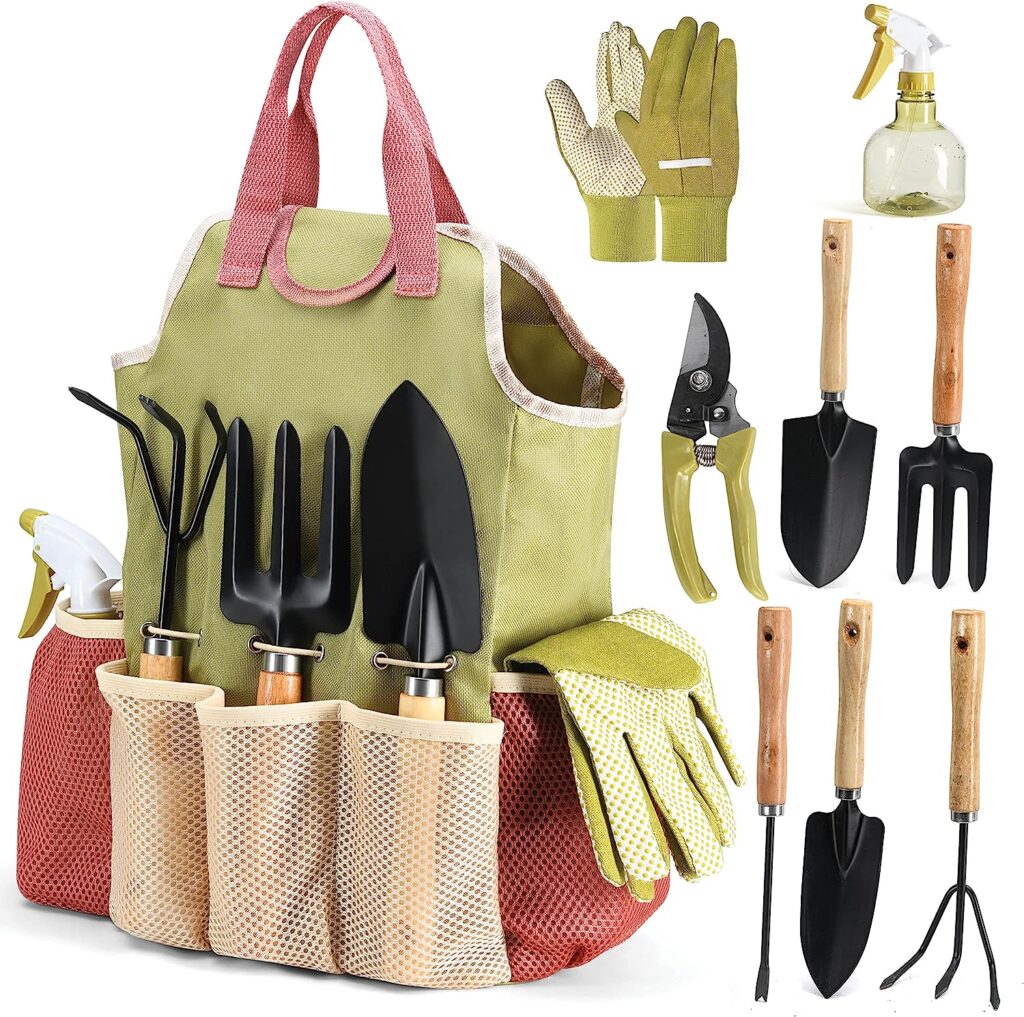 Gardening Tools Set of 10 - Complete Garden Tool Kit Comes With Bag  Gloves,Garden Tool Set with Spray-Bottle Indoors  Outdoors - Durable Garden Tools Set Ideal Garden Tool Kit Gifts for Women  Men