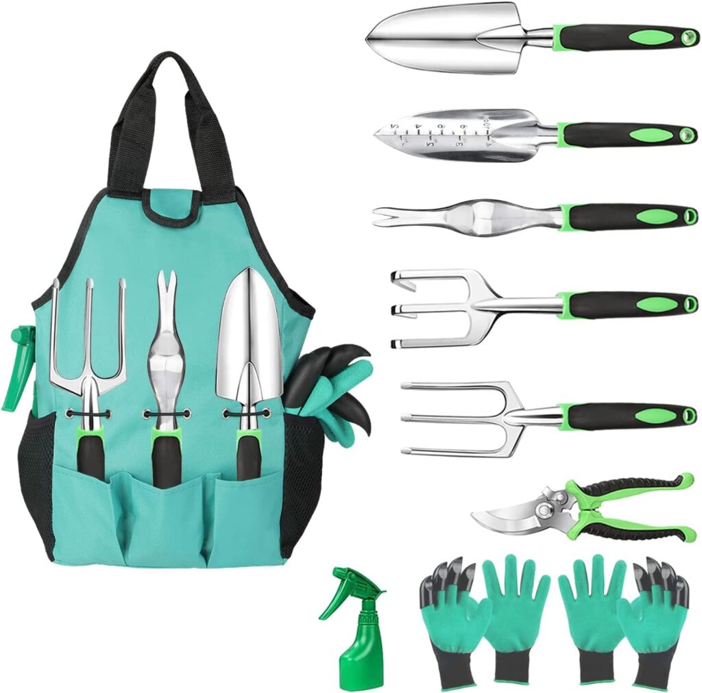 Glaric Gardening Tool Set 10 Pcs, Aluminum Garden Hand Tools Set Heavy Duty with Garden Gloves,Trowel and Organizer Tote Bag,Planting Tools,Gardening Gifts for Women Men