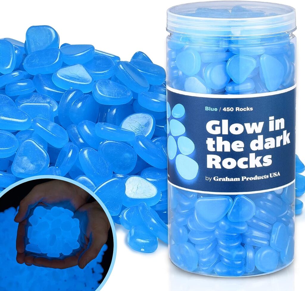 Graham Products 450 Pieces Glow in The Dark Rocks | Indoor  Outdoor Use - Garden, Fish Tank Pebbles, Planter, Walkway, Driveway Decoration  More | for Kids Aged 6  Up | Powered by Sunlight - Blue