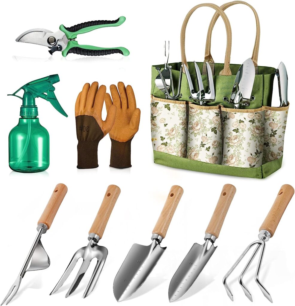 Grenebo Gardening Tools 9-Piece Heavy Duty Gardening Hand Tools with Fashion and Durable Garden Tools Organizer Handbag,Rust-Proof Garden Tool Set, Ideal Gardening Gifts for Women (Green)