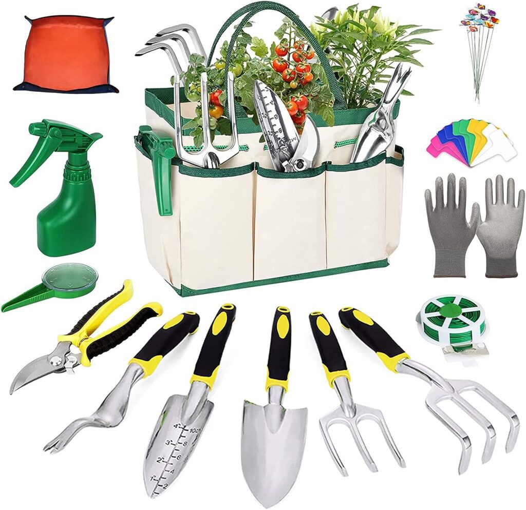 homehi Garden Tools Set 29 Pieces Heavy Duty Gardening Kit Cast Aluminum Durable Storage Bag, Supplies Gifts for Women Men, with Outdoor Tool, Ergonomic Handle, yellow (HYGJ-USA-1)