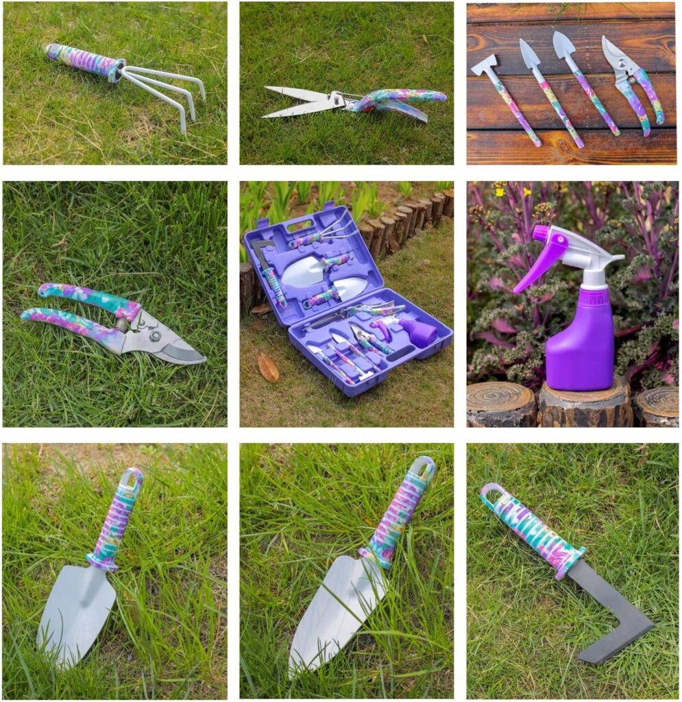 LEKEONE Gardening Tools Set, Unique Gardening Gifts for Women, Gardening Hand Tools with Purple Carrying Case, Gardening Kit for Home Gardening Flowers Potted Trim Loosing Planting Tools (10PCS)