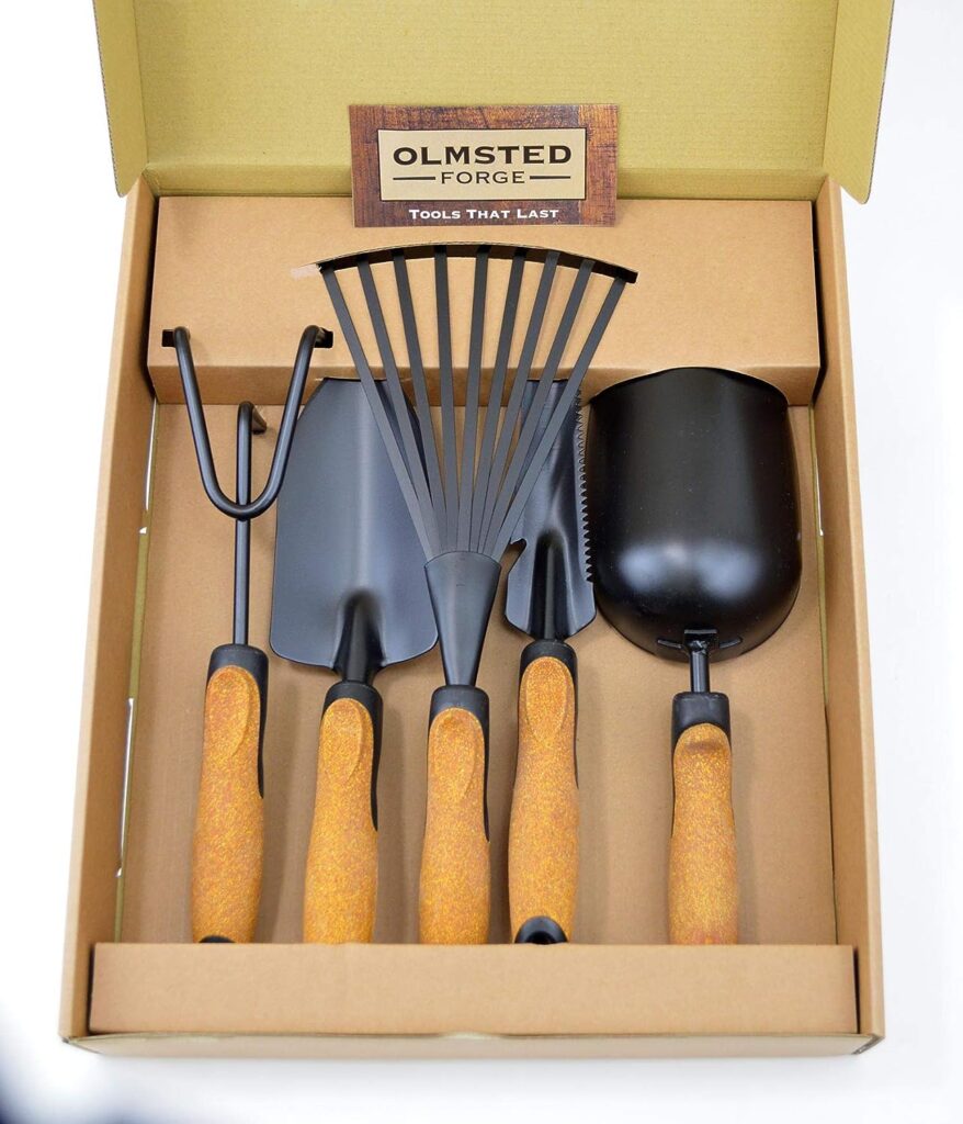 Olmsted Forge Garden Tool Set, 5 Pieces, Heavy Duty Powder Coated Steel, Cork Handle