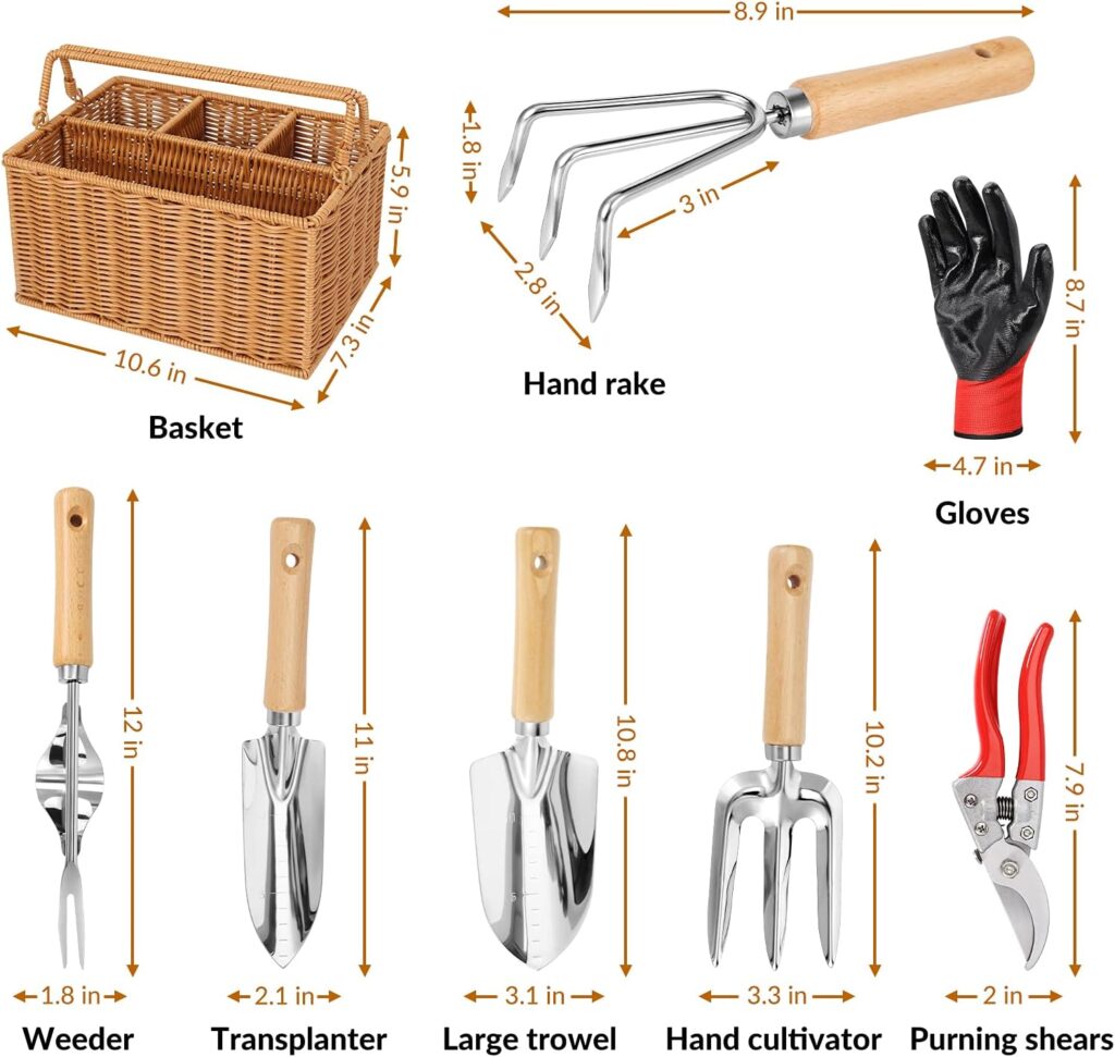 SOLIGT Gardening Hand Tools with Basket â Garden Tool Set with Pruning Shears, Cultivator, Gloves â Heavy-Duty Stainless Steel Gardening Tools with Wood Handle â Gardening Gifts for Women Men