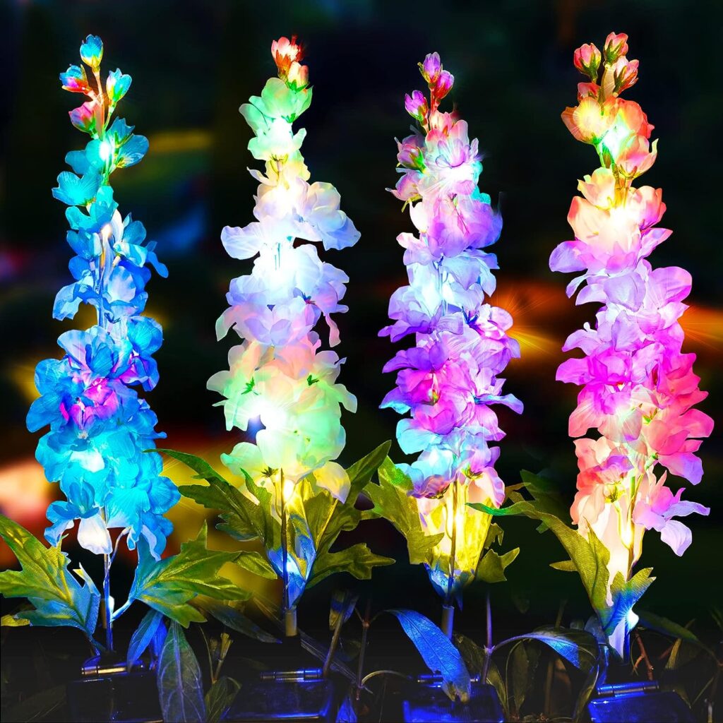 TONULAX Solar Garden Lights, 4 Pack Solar Delphinium Flowers Lights with 32 LEDs, Two Lighting Modes  Upgraded Solar Panel, Solar Lights Outdoor for Garden Decoration,Yard Decor and Gift for Mother