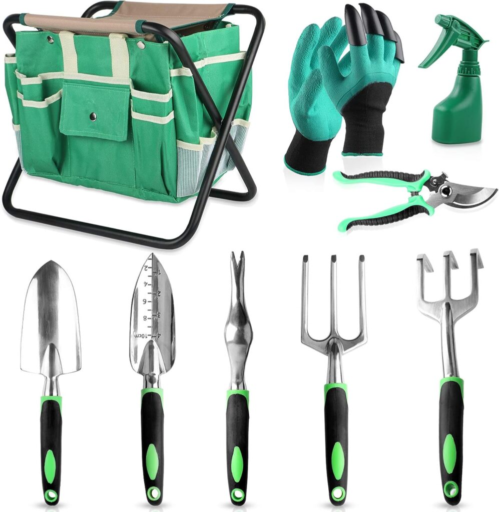 Wofeili 9 PCS All-in-one Garden Tools Set, Heavy Duty Cast-Aluminium Alloy Gardening Tools Kit with Folding Stool SeatDetachable Canvas Tool Bag Great Gifts for Gardening Lovers