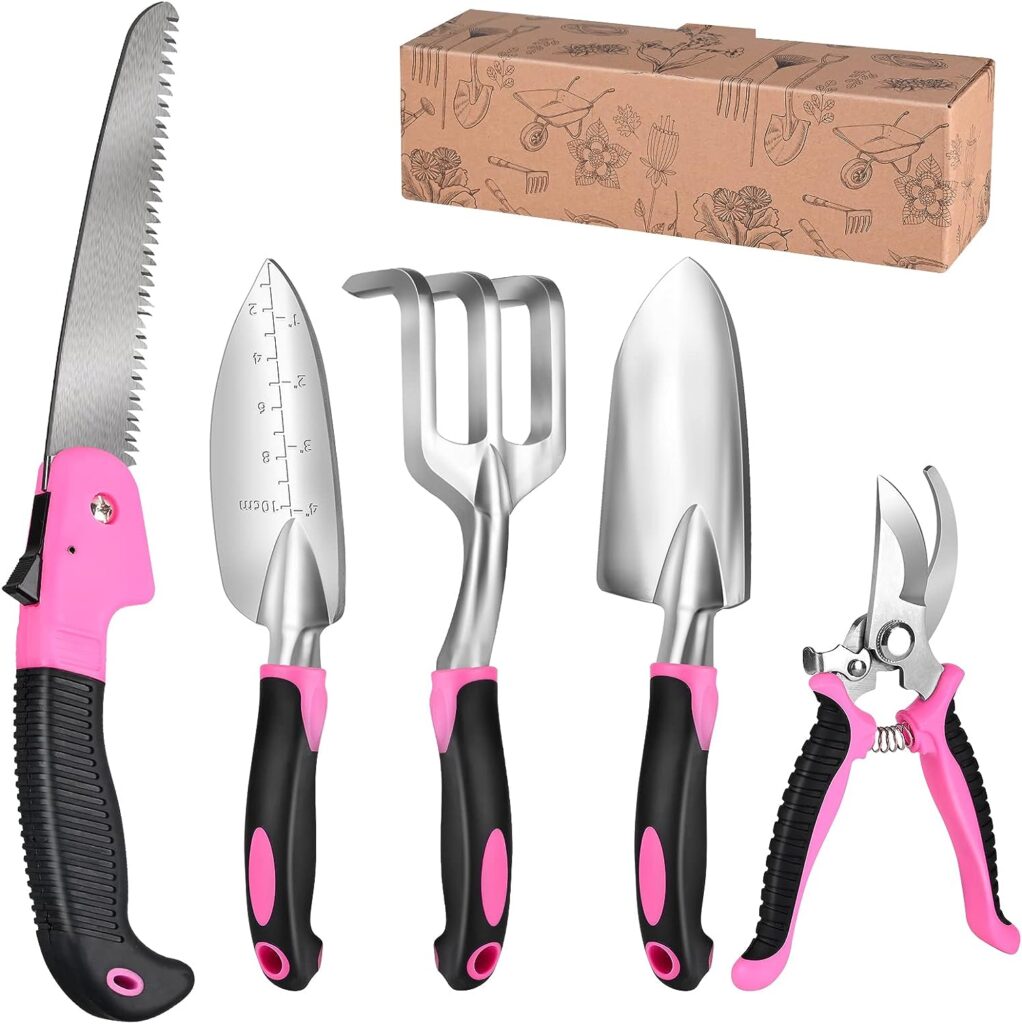 Gardening Tools, Heavy Duty Gardening Tool Set for Gardener, Pink Garden Gifts Aluminum Hand Tool 5 Pieces for Woman, Kid, Non-Slip Ergonomic, Gardening Kit, Gardening Kit Gift for Women