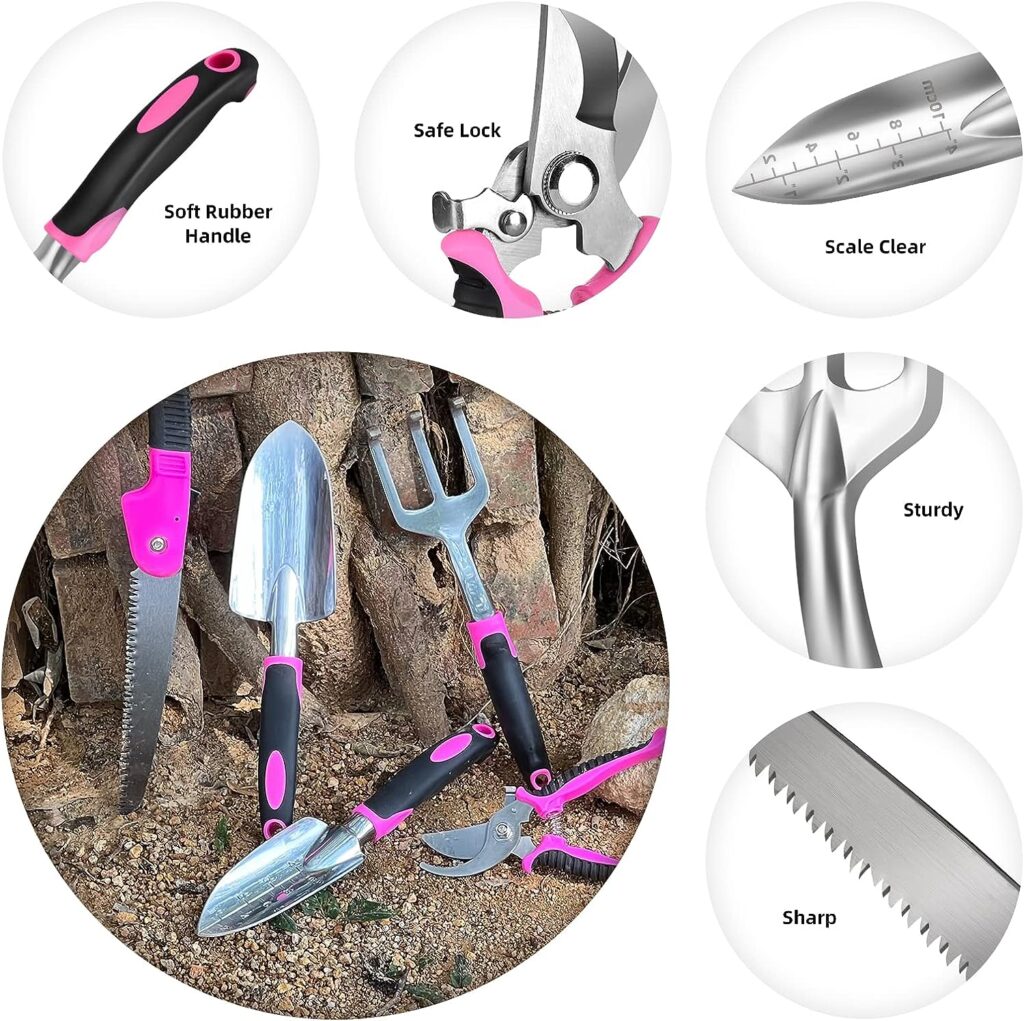 Gardening Tools, Heavy Duty Gardening Tool Set for Gardener, Pink Garden Gifts Aluminum Hand Tool 5 Pieces for Woman, Kid, Non-Slip Ergonomic, Gardening Kit, Gardening Kit Gift for Women
