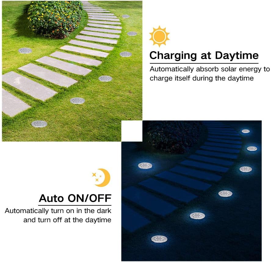 Joomer Solar Ground Lights, 12 Pack 8 LED Waterproof In-Ground Outdoor Landscape Pathway Lighting Sensor Disk Lights for Garden, Patio, Walkway, Lawn, Driveway, Yard(White)