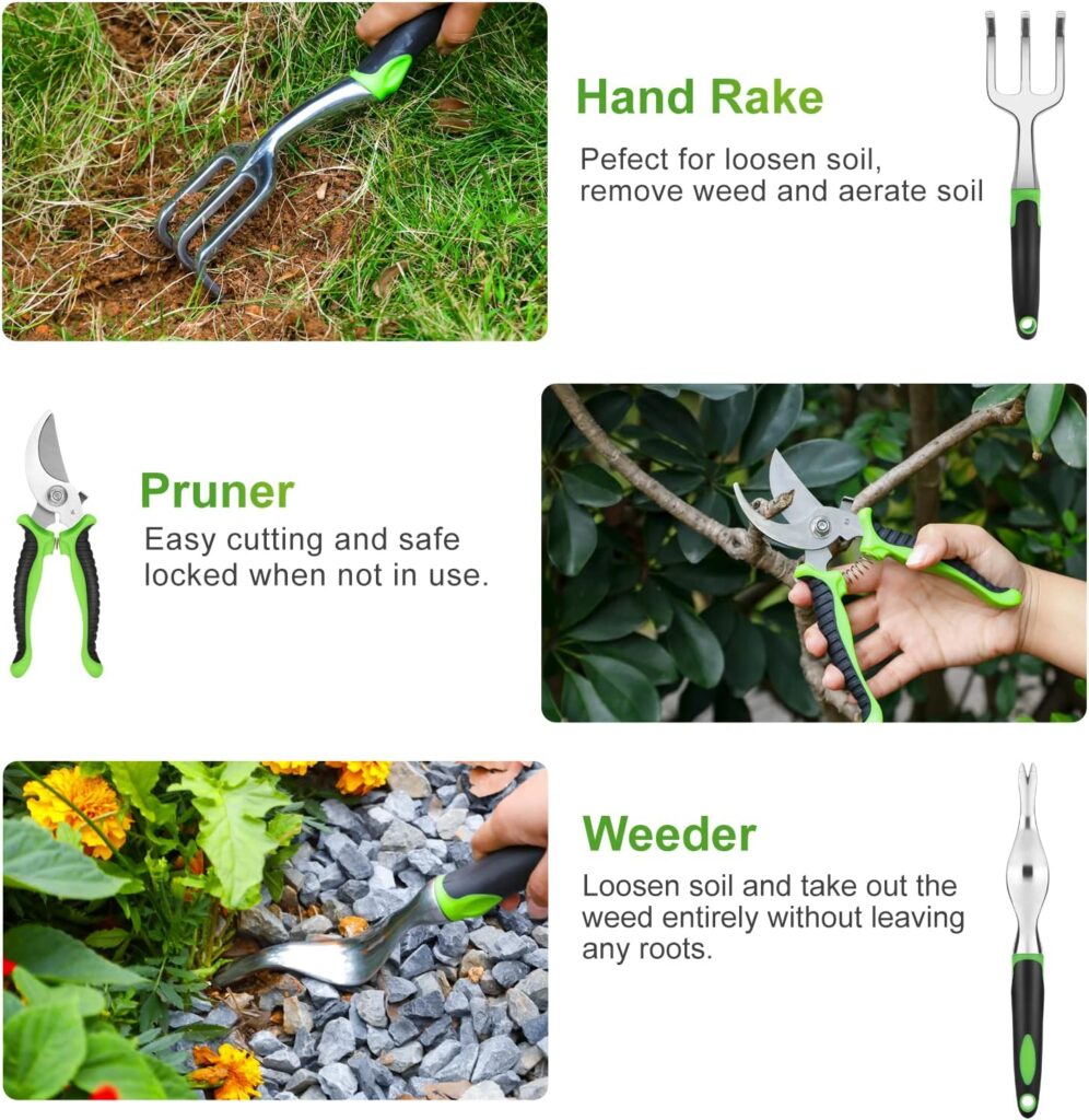Mr Rabbi Garden Tools Set, 11 Piece Heavy Duty Gardening Tools for Gardening with Non-Slip Rubber Grip, Outdoor Hand Tools, Storage Tote Bag, Aluminum Garden Kit, Gardening Gifts for Men Women