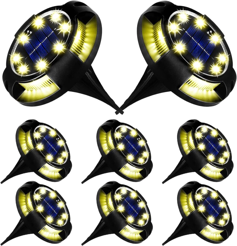Solar Ground Lights Outdoor 8 Packs 12 LED Disk Lights Solar Powered Waterproof New In-ground Lights for Garden Deck Stair Step Lawn Patio Driveway Walkway Pathway Yard Decoration (Warm Light,8Pack)