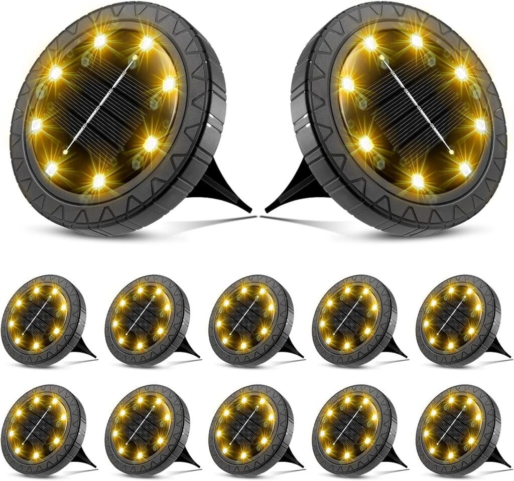 Solar Powered Ground Lights 12 Pack, Solar Lights Outdoor Garden IP68 Waterproof, LED Solar Disk Lights, Solar Landscape Lighting Decoration for Walkway Driveway Pathway Yard Patio Lawn(Warm White)