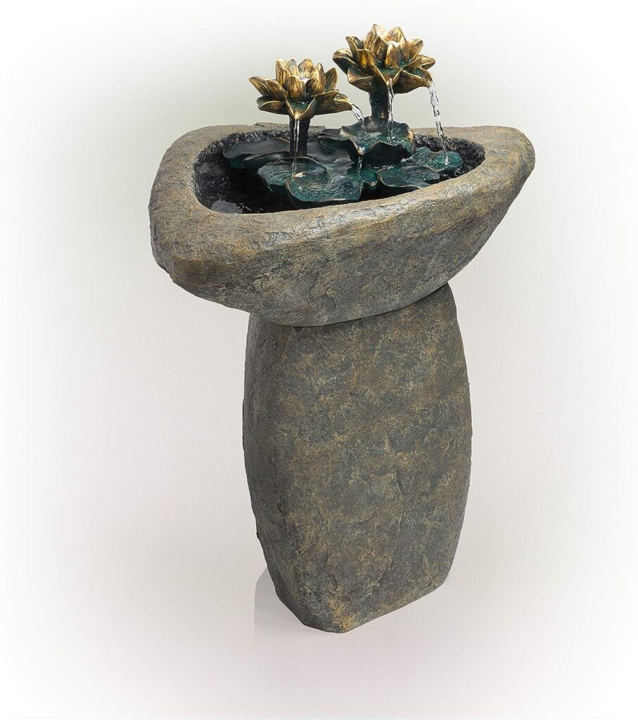 Alpine Corporation 30 Tall Outdoor Pedestal Lotus Rock Waterfall Fountain with LED Lights, Brown/Gray