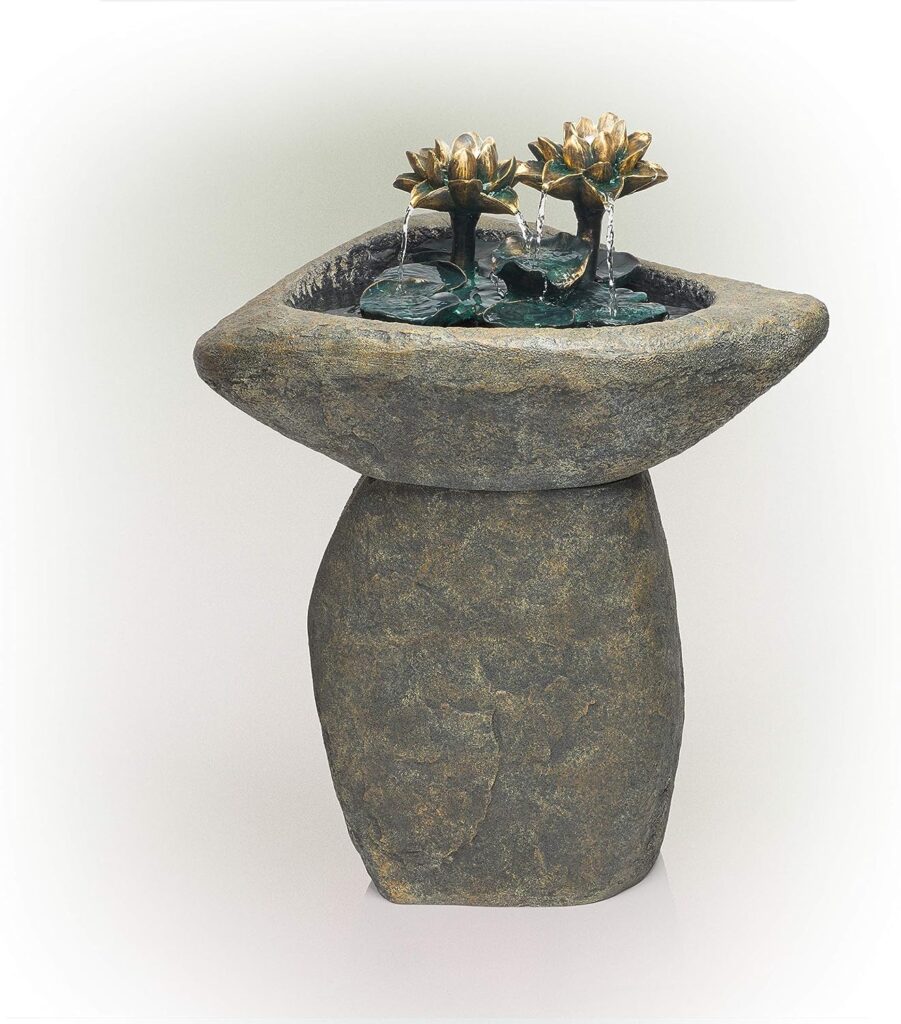 Alpine Corporation 30 Tall Outdoor Pedestal Lotus Rock Waterfall Fountain with LED Lights, Brown/Gray