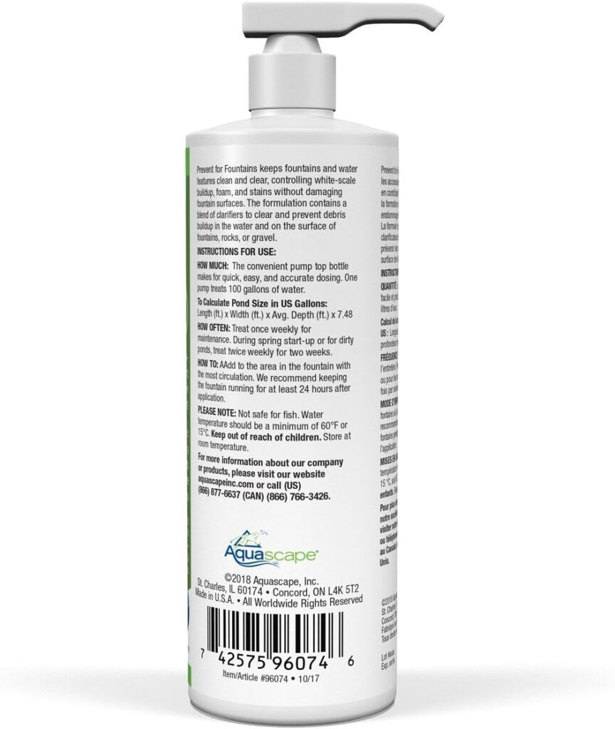 Aquascape PREVENT Water Treatment for Fountains, Waterfalls, Rock and Gravel, Prevent White-scale Buildup, Stains, Foam and Other Unsightly Water Conditions, 16 ounce / 473-ml | 96074