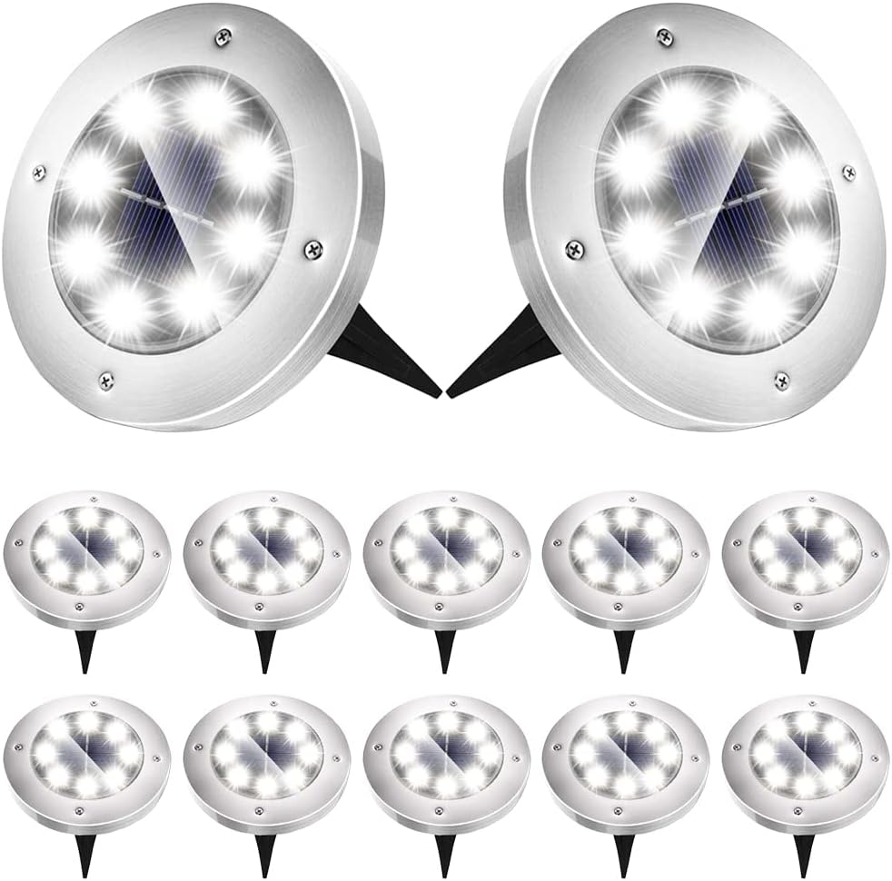 Biling Solar Disk Lights Outdoor, 12 Pack Solar Ground Lights Outdoor Waterproof for Garden Yard Patio Pathway Lawn Driveway - White