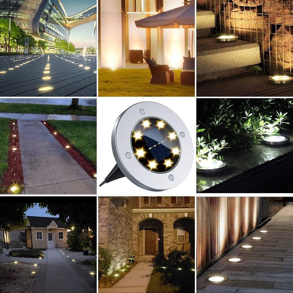 Flalivi Solar Ground Lights, 8 LED Solar Disk Lights Outdoor Waterproof for Garden Yard Patio Pathway Lawn Driveway Walkway- Warm White (4 Pack)