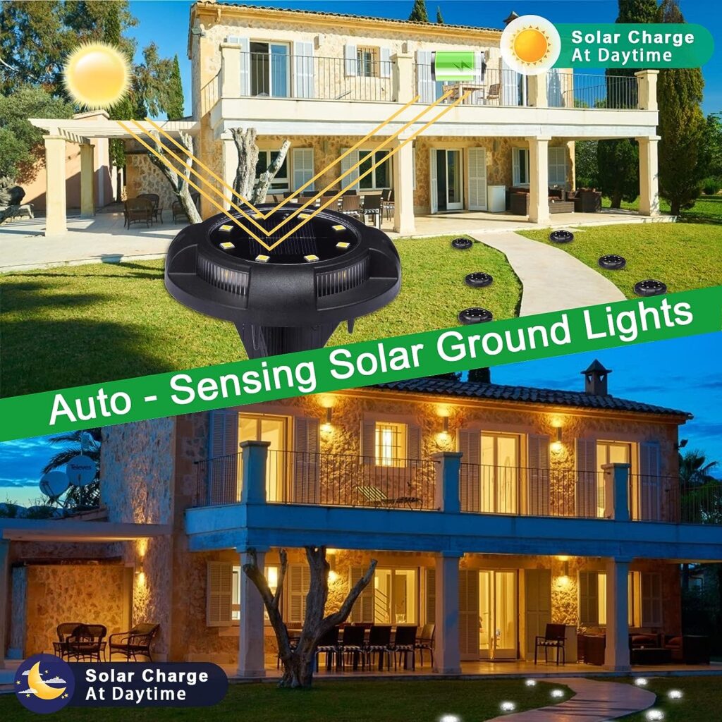 K.E.J. Solar Ground Lights Outdoor 12 Led Disk Lights Garden Lights Solar Powered Waterproof In-Ground Outdoor Landscape Lighting for Patio Pathway Lawn Yard Deck Driveway Walkway (12 Pack)
