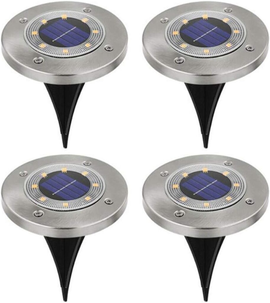 Solar Ground Lights Outdoor 8 LED Disk Light Solar Powered In-Ground Lights Waterproof Landscape Lighting for Outdoor Lawn Path Yard Patio Pathway Walkway,Warm White,Sliver Finish4 Pack